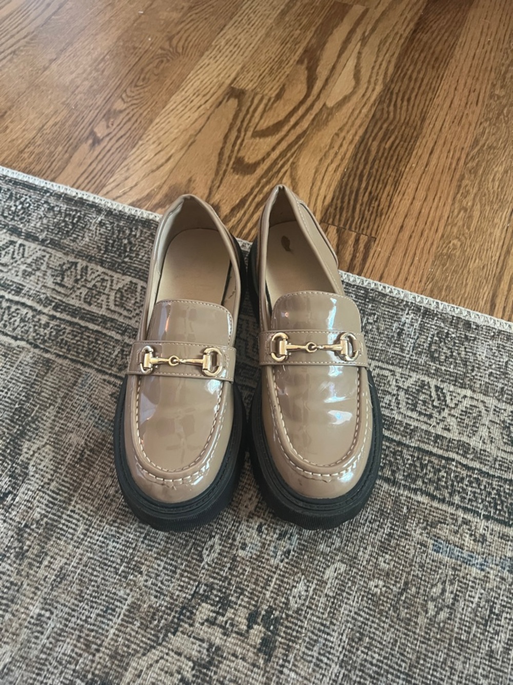 Patent Leather Loafers in Taupe with Gold Bit Accent - Women